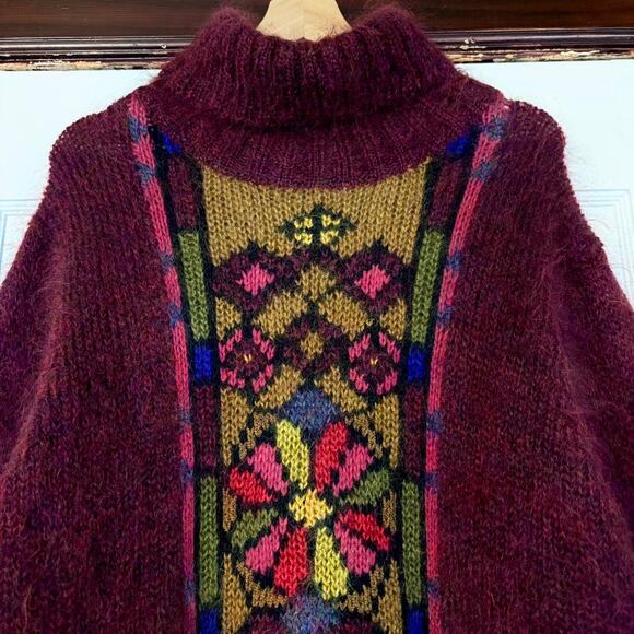 Vintage Jeanne Pierre Burgundy Wool Mohair Turtleneck Floral Sweater- One Size - Picture 3 of 4